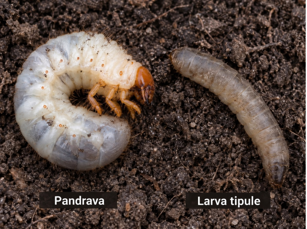 Porovnanie pandravy a larvy tipule v pôde – pandrava je stočená do tvaru C, larva tipule je pretiahnutá a bez nôh.