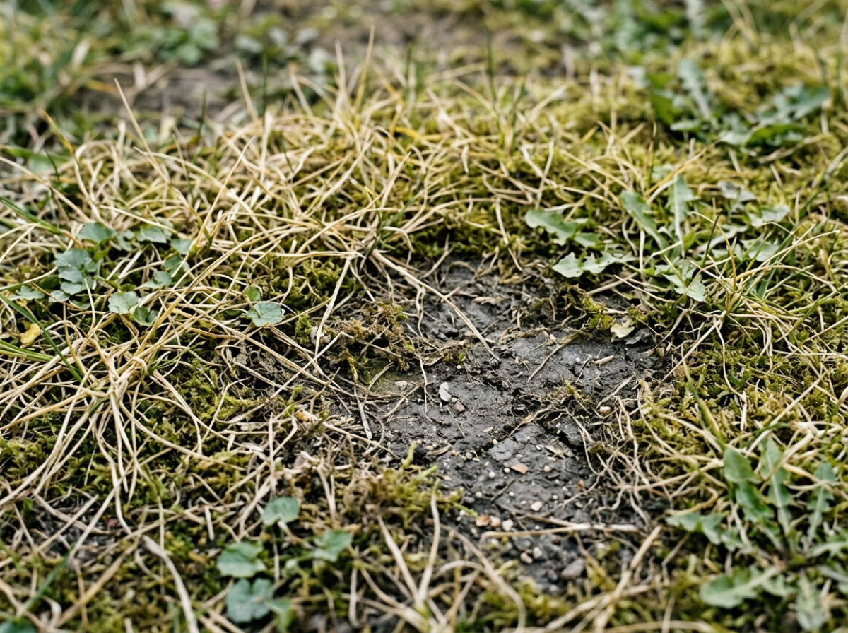 Detailn&yacute; pohľad na po&scaron;koden&yacute; tr&aacute;vnik s machom, burinou a hol&yacute;mi miestami v p&ocirc;de.